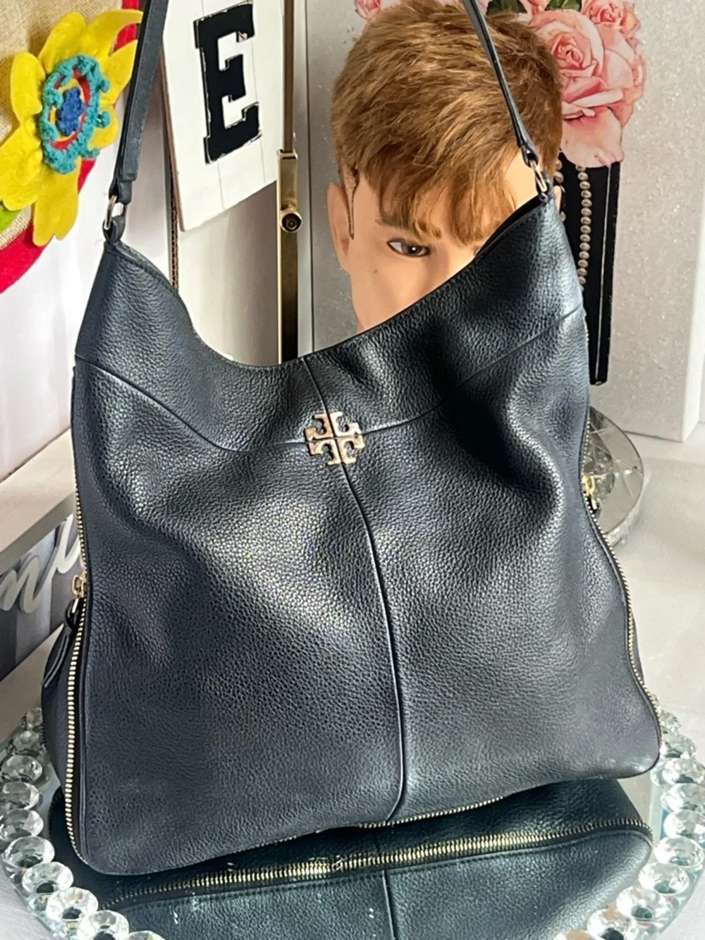 Tory Burch Black Pebbled Leather Hobo with Gold Logo